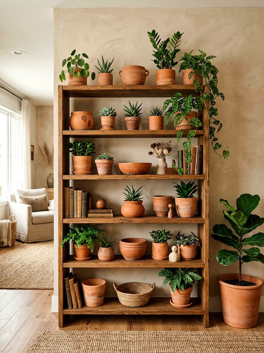 Terracotta pottery shelf styling - 25 Spring Organic Modern Decor Ideas