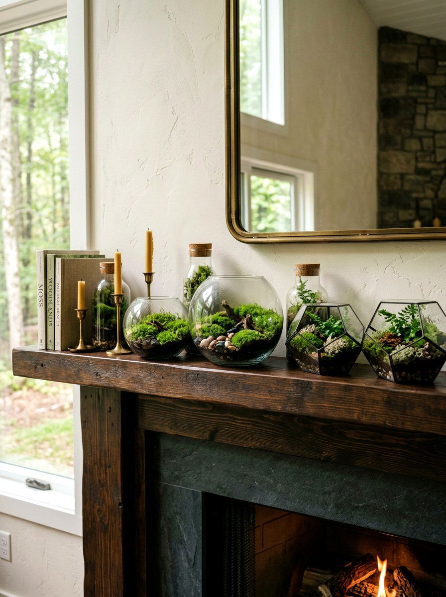 Terrarium Moss Display - 25 Spring Mantel Floral Ideas
