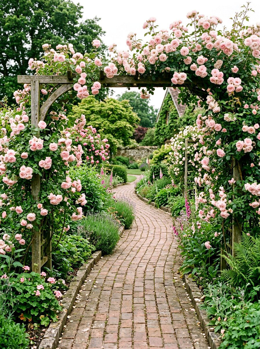 Thornless Climbing Rose Path - 25 Spring Climbing Rose Ideas