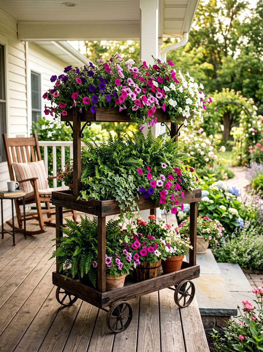 Three tier flower cart - 25 Spring Flower Cart Decor Ideas