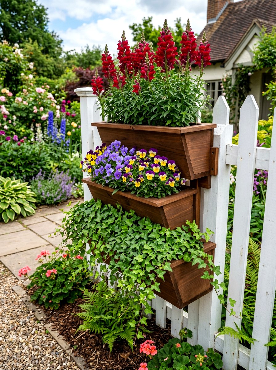 Three tiered fence planter - 25 Spring Picket Fence Planter Ideas