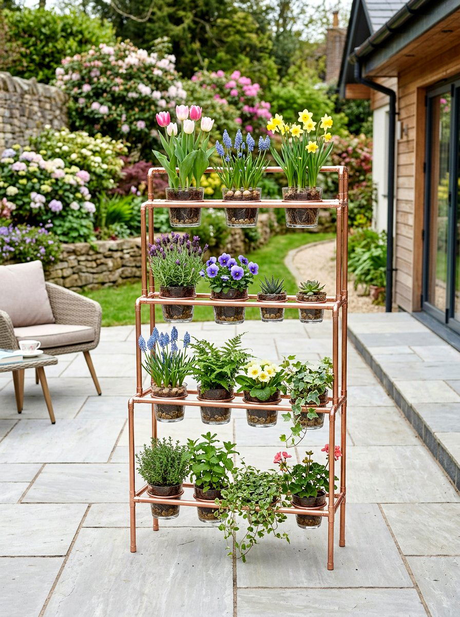 Tiered Copper Pipe Plant Rack - 25 Spring Flower Stand Ideas