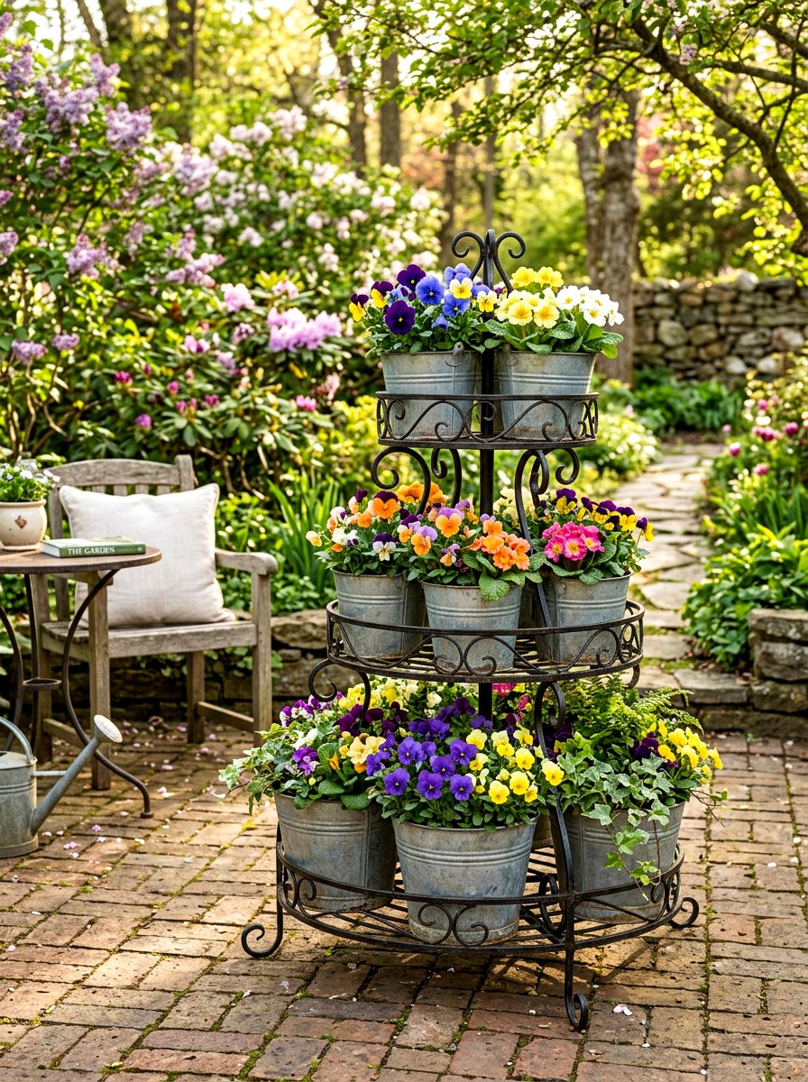 Tiered Flower Bucket Stand - 25 Spring Flower Bucket Ideas