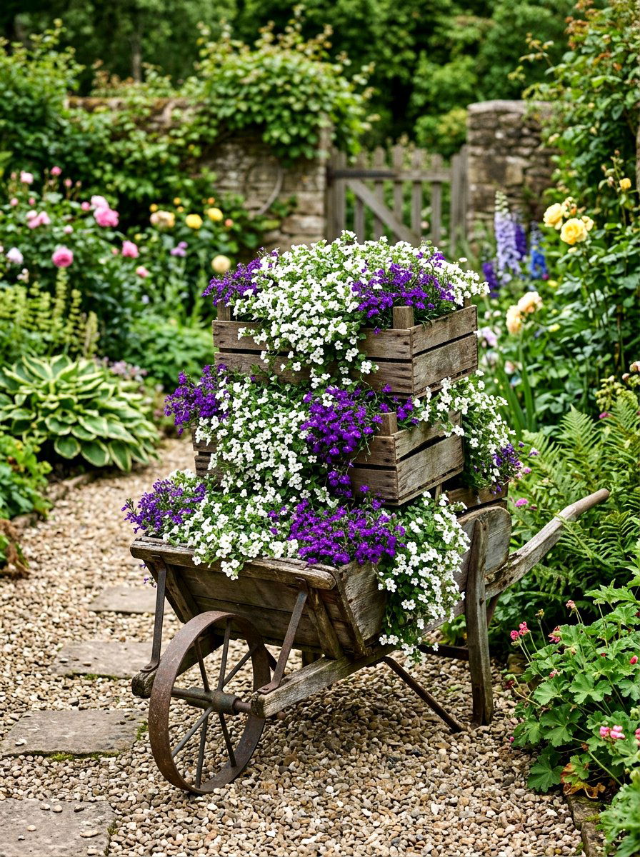 Tiered Flower Wheelbarrow - 25 Spring Wheelbarrow Planter Ideas