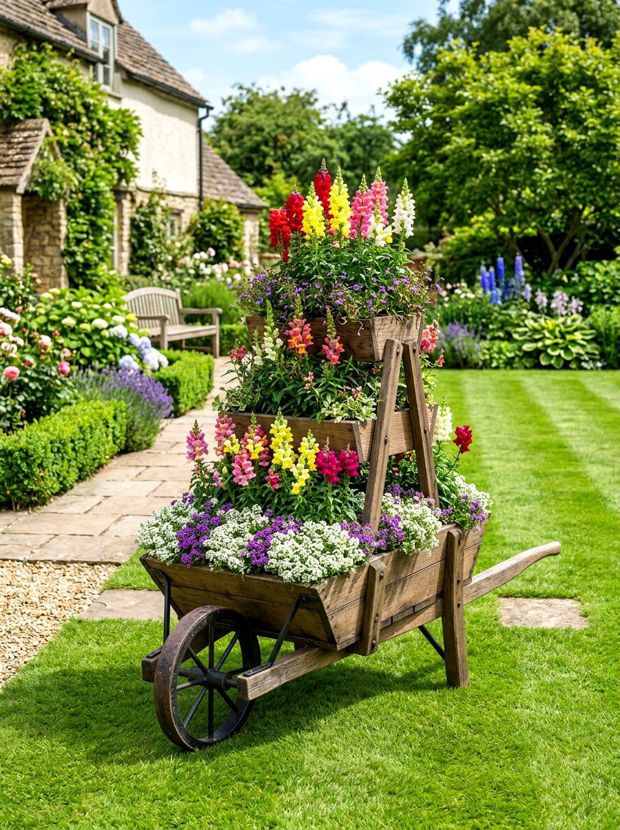 Tiered Flower Wheelbarrow - 25 Spring Wheelbarrow Decor Ideas