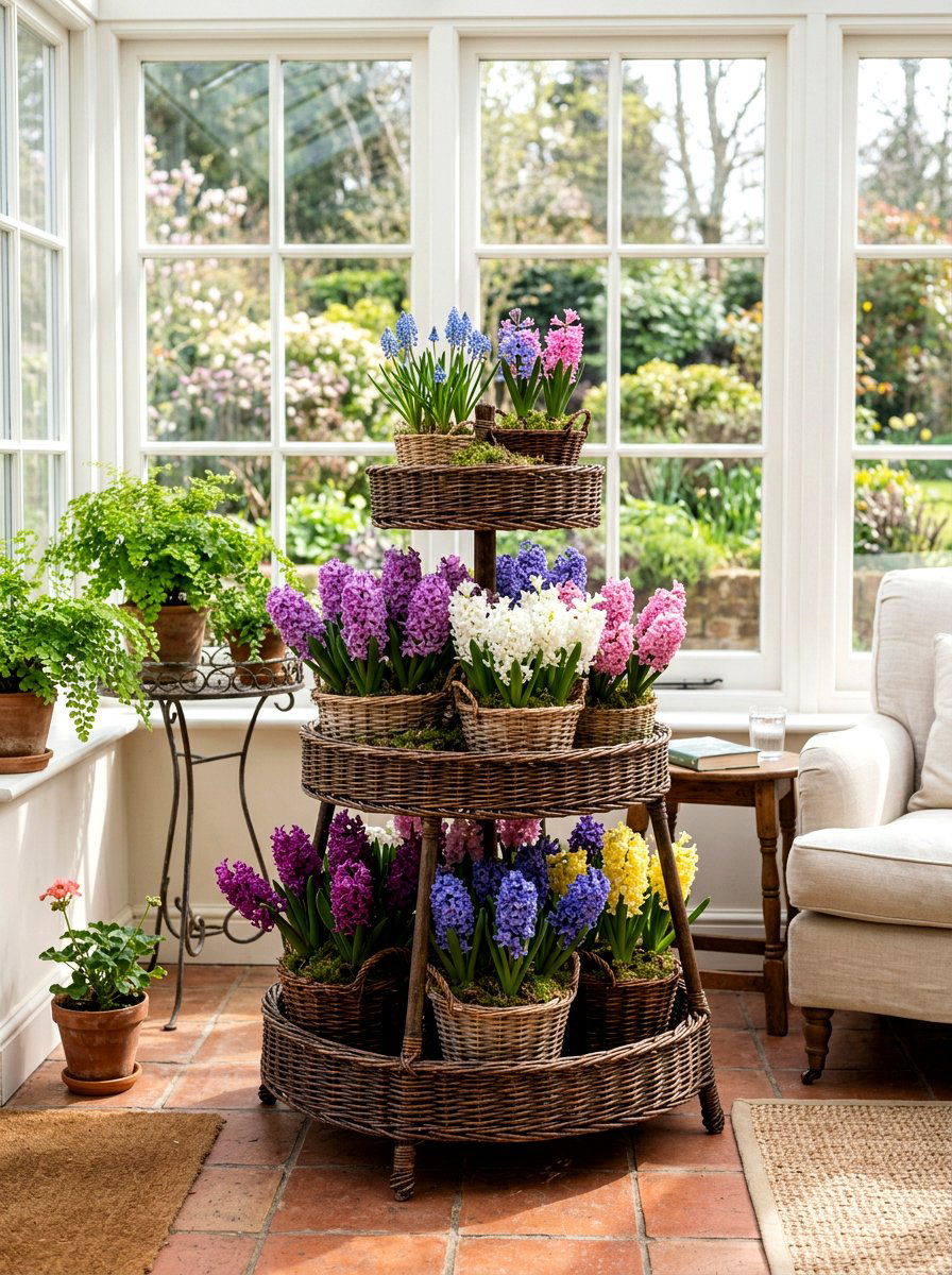 Tiered Hyacinth Basket Display - 25 Spring Hyacinth Basket Decor Ideas