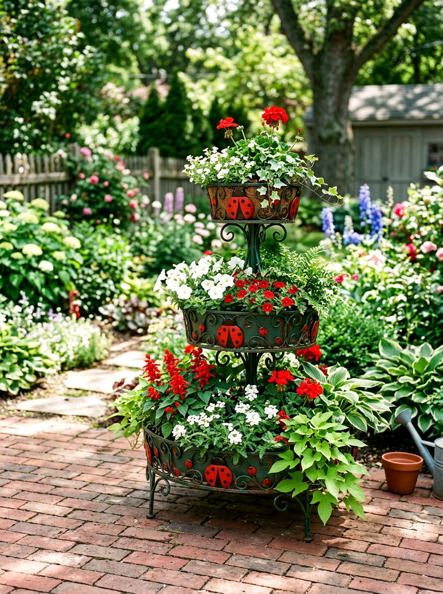 Tiered Ladybug Plant Stand - 25 Spring Ladybug Planter Ideas