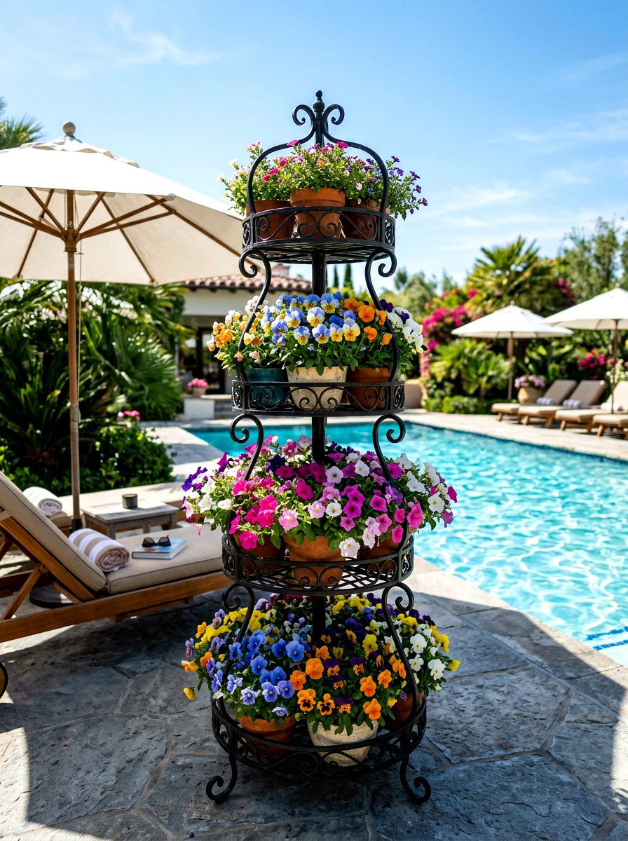 Tiered Plant Stand - 25 Spring Poolside Decor Ideas