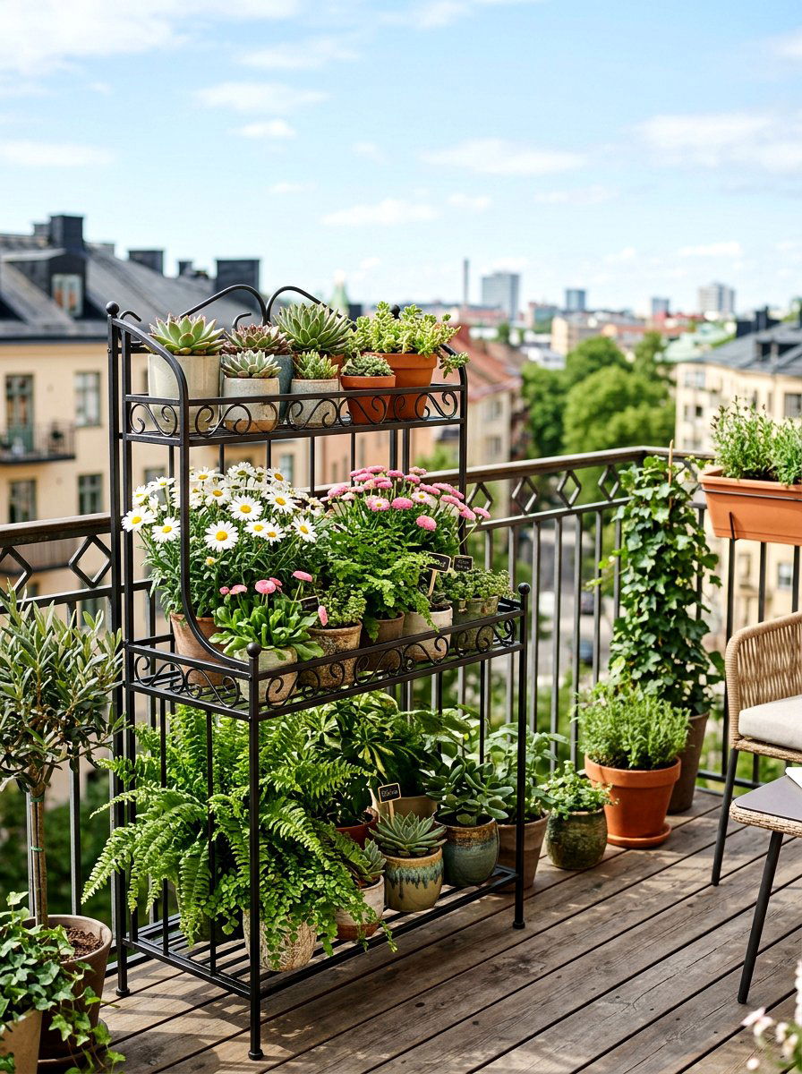 Tiered Plant Stand - 25 Spring Balcony Decor Ideas