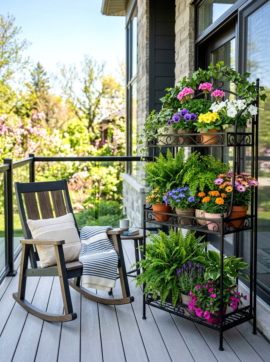Tiered Plant Stands - 25 Spring Porch Rocker Decor Ideas