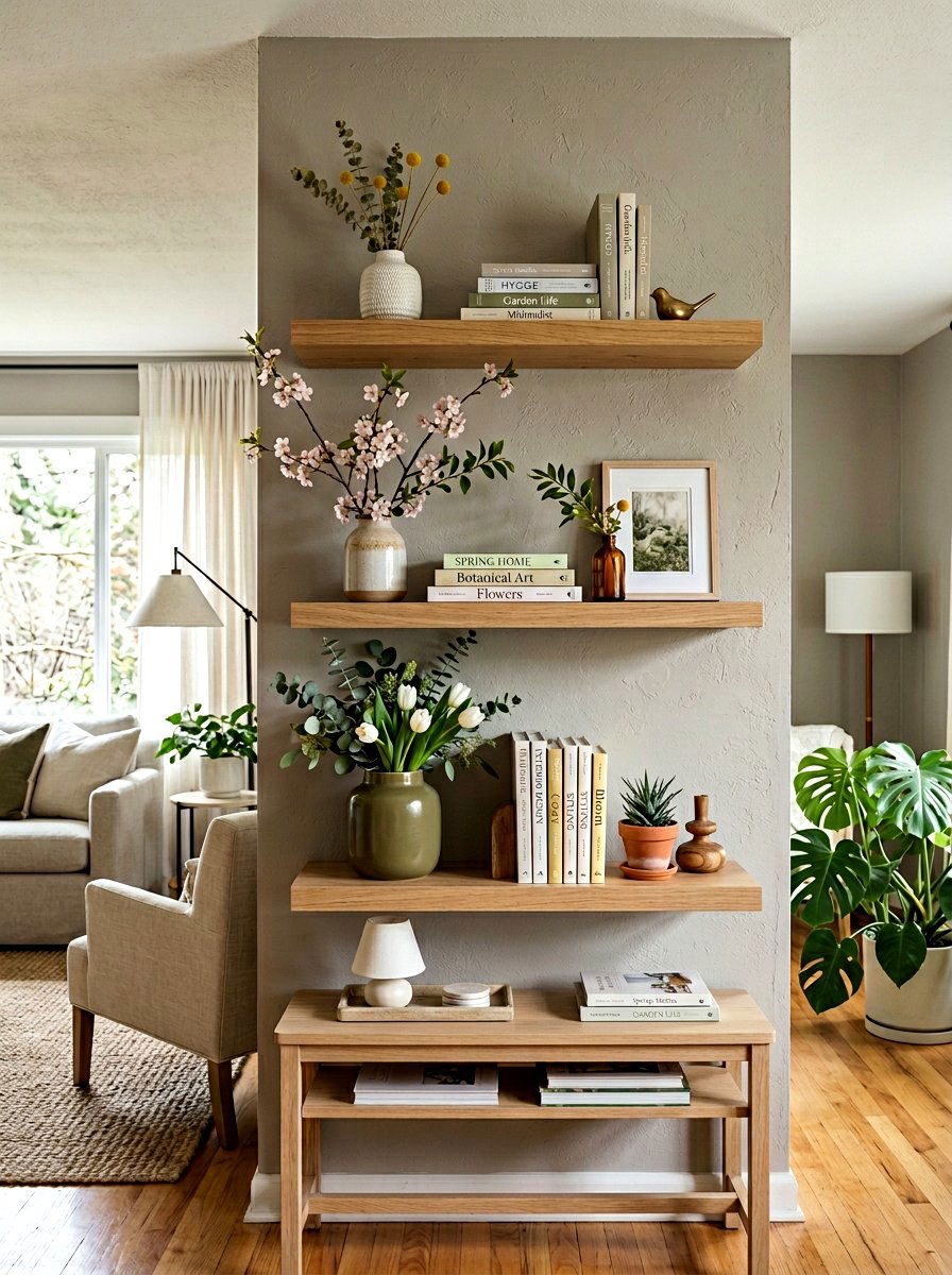 Tiered Spring Shelf Styling - 25 Spring Floating Shelf Decor Ideas