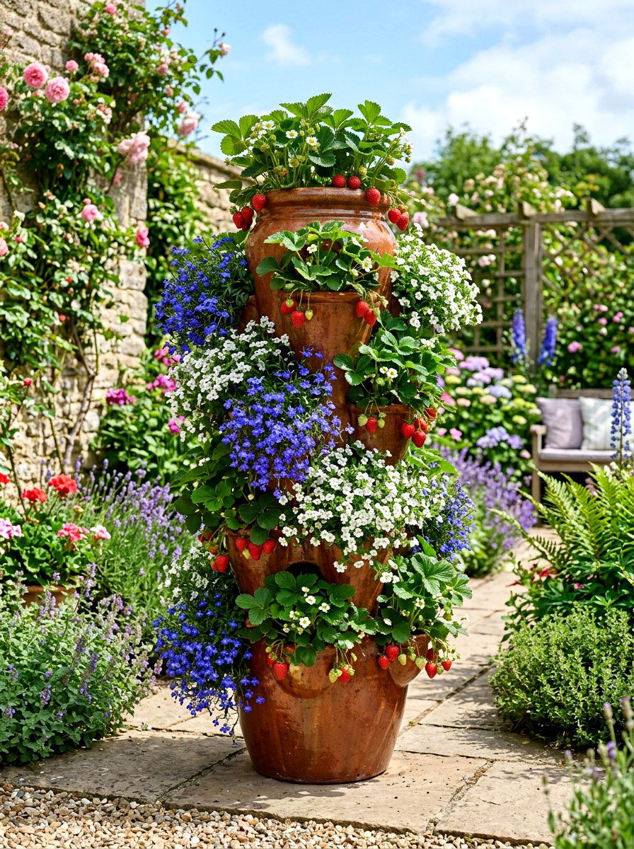 Tiered Strawberry Planter Tower - 25 Spring Sidewalk Planter Ideas