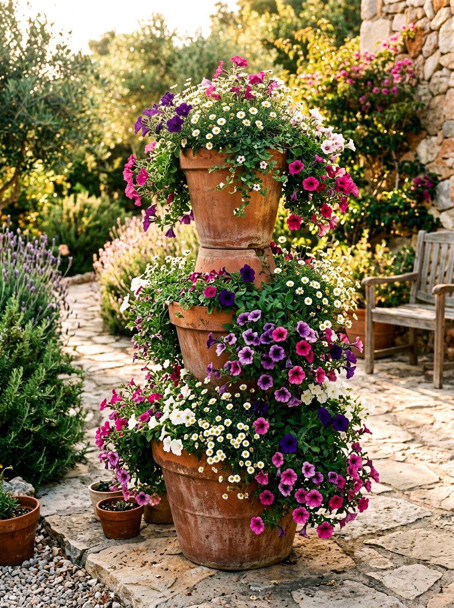 Tiered Terra Cotta Flower Tower - 25 Spring Planter Decorating Ideas