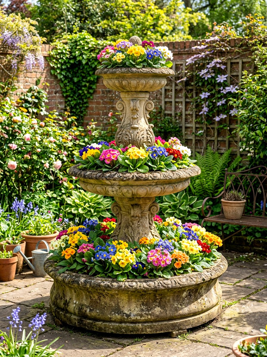 Tiered Terracotta Fountain - 25 Spring Primrose Planter Ideas