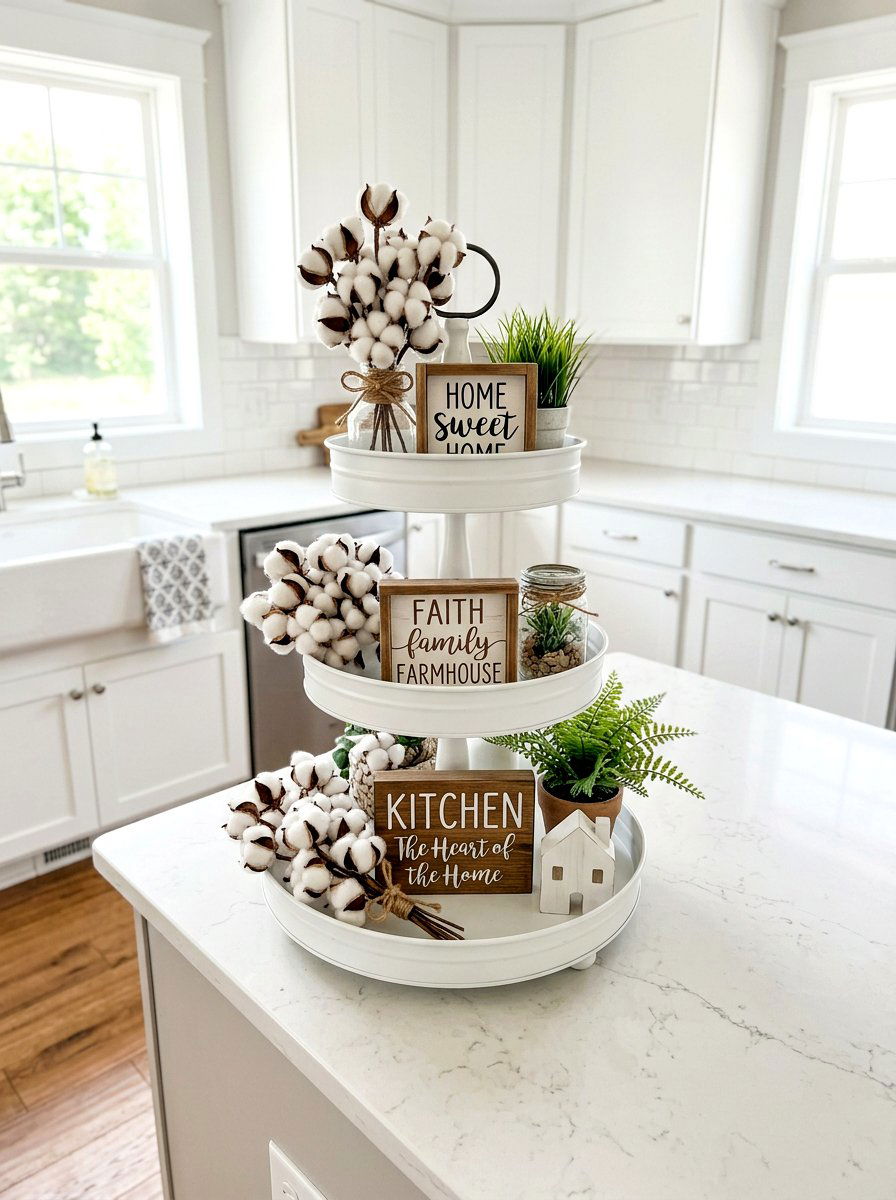 Tiered Tray Cotton Stem Accents - 25 Spring Cotton Stem Decor Ideas