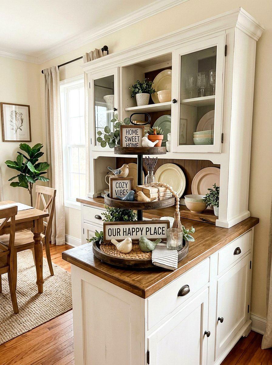 Tiered Tray Hutch Display - 25 Spring Hutch Decor Ideas