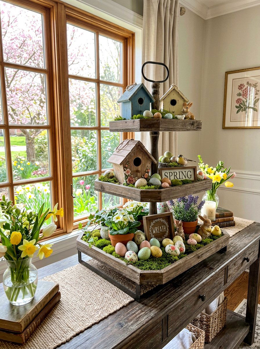 Tiered Tray Spring Decor - 25 Spring Entry Table Arrangement Ideas