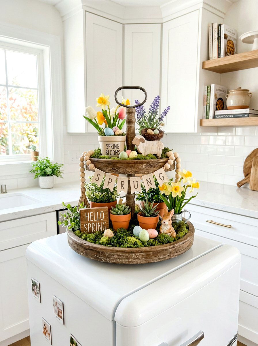 Tiered Tray Spring Decor - 25 Spring Refrigerator Top Decor Ideas