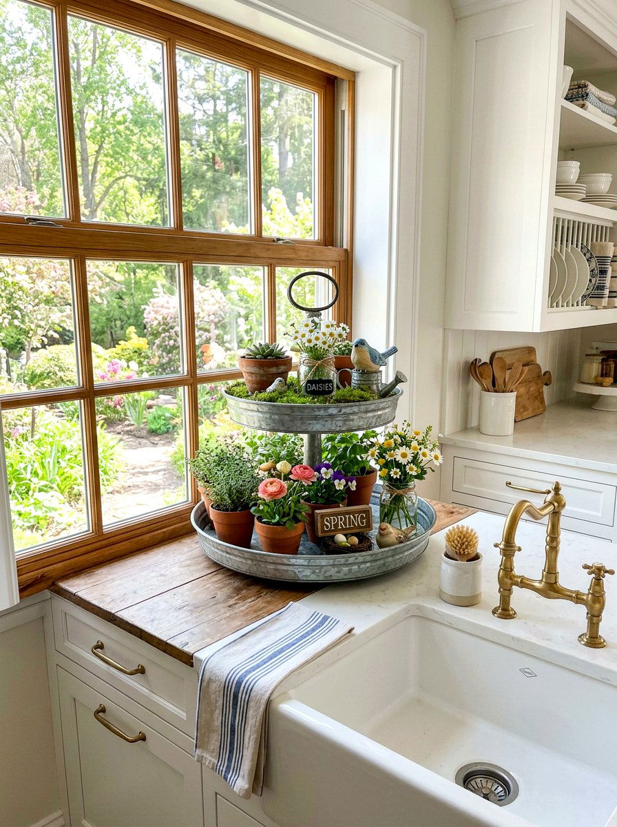 Tiered Tray Window Display - 25 Spring Window Frame Decor Ideas