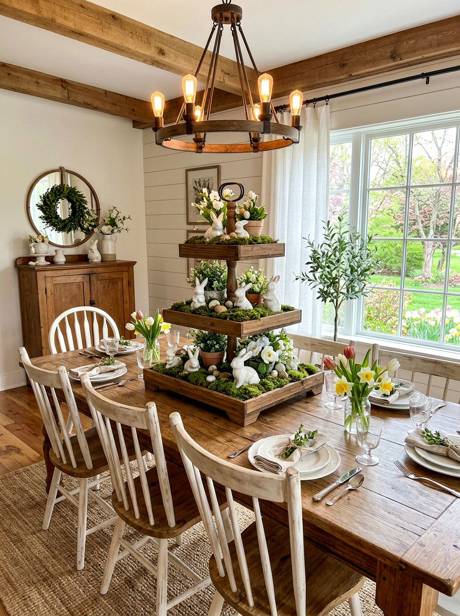 Tiered Tray With Moss And Bunnies - 25 Spring Serving Tray Ideas
