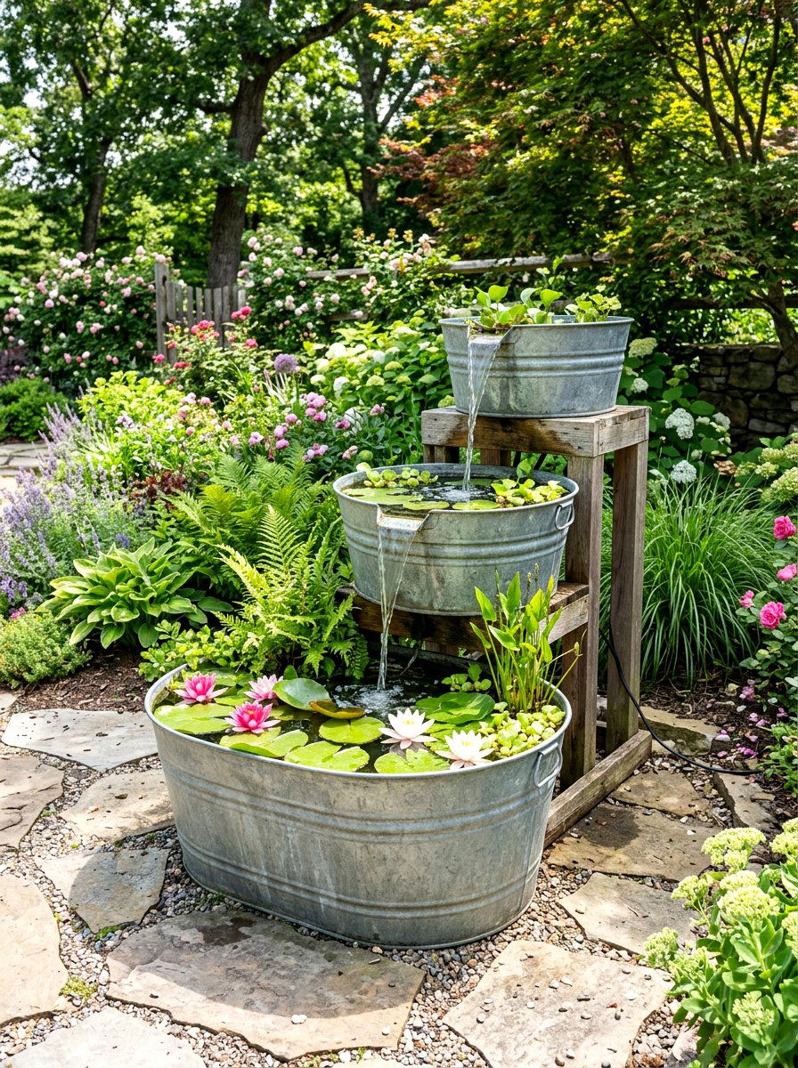 Tiered Water Fountain - 25 Spring Galvanized Tub Planter Ideas