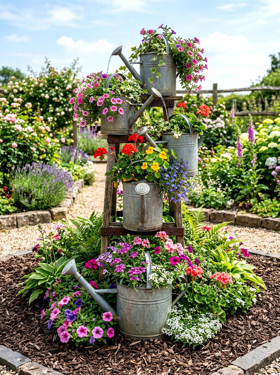 Tiered Watering Can Garden Feature - 25 Spring Watering Can Decor Ideas