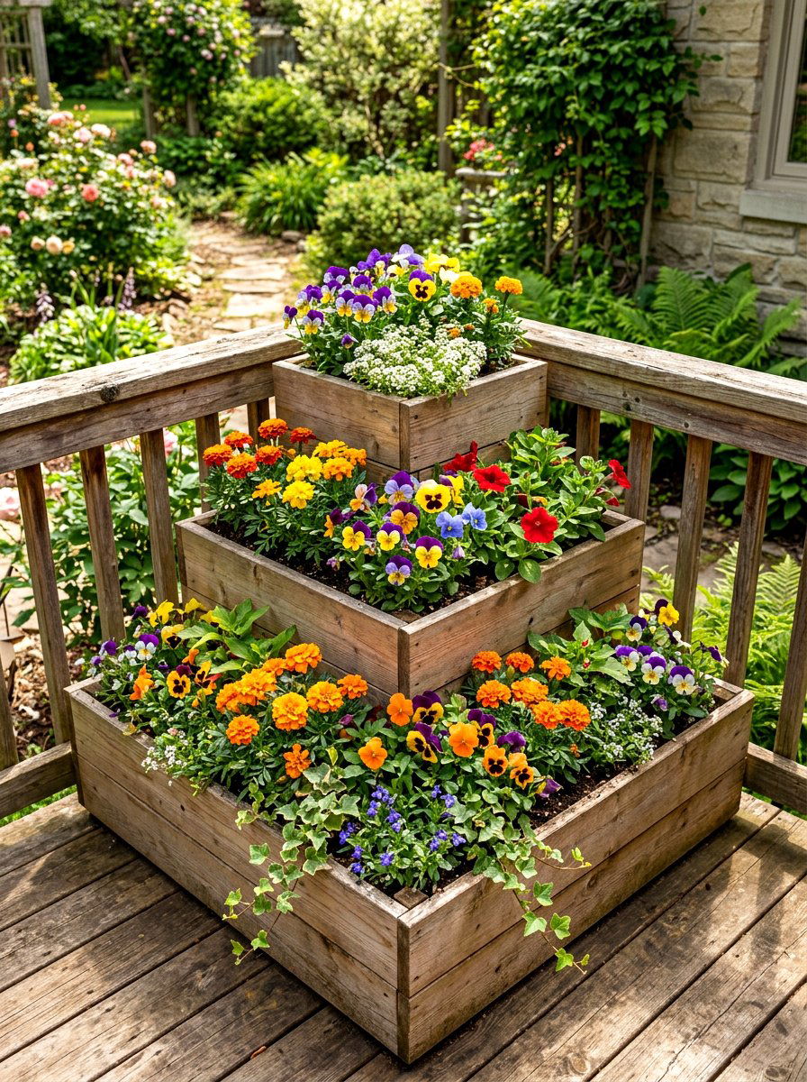 Tiered Wooden Planter - 25 Spring Deck Planter Ideas