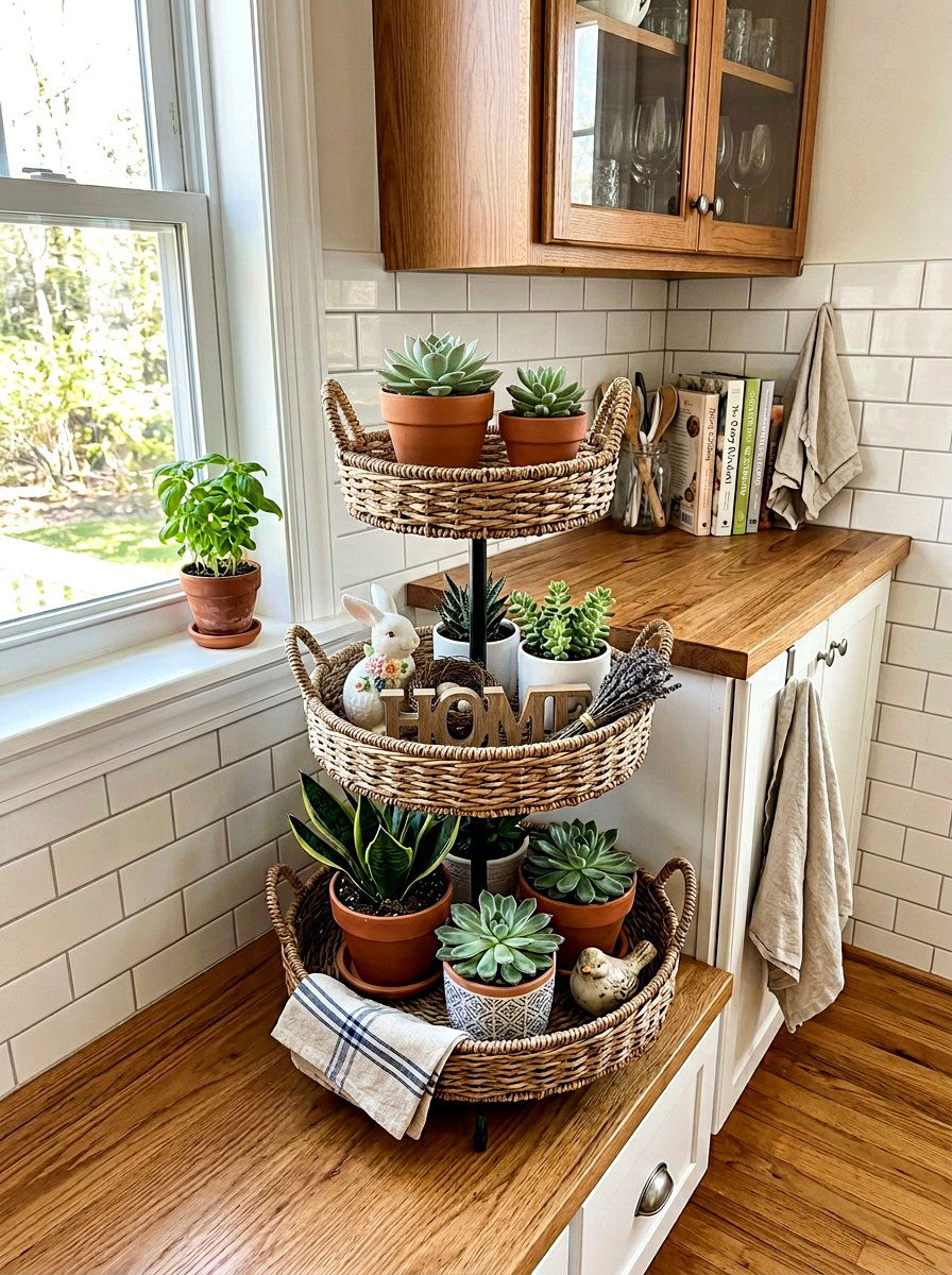 Tiered basket tray spring - 25 Spring Basket Decor Ideas