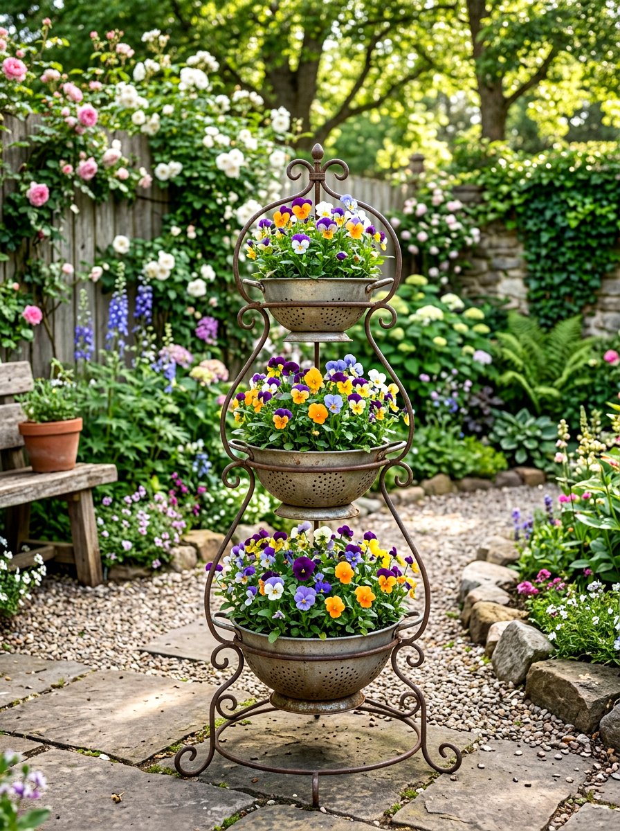 Tiered colander plant stand - 25 Spring Colander Planter Ideas