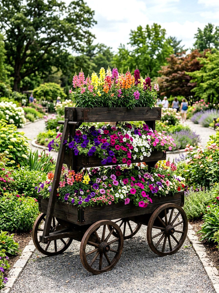 Tiered flower wagon - 25 Spring Garden Wagon Decor Ideas