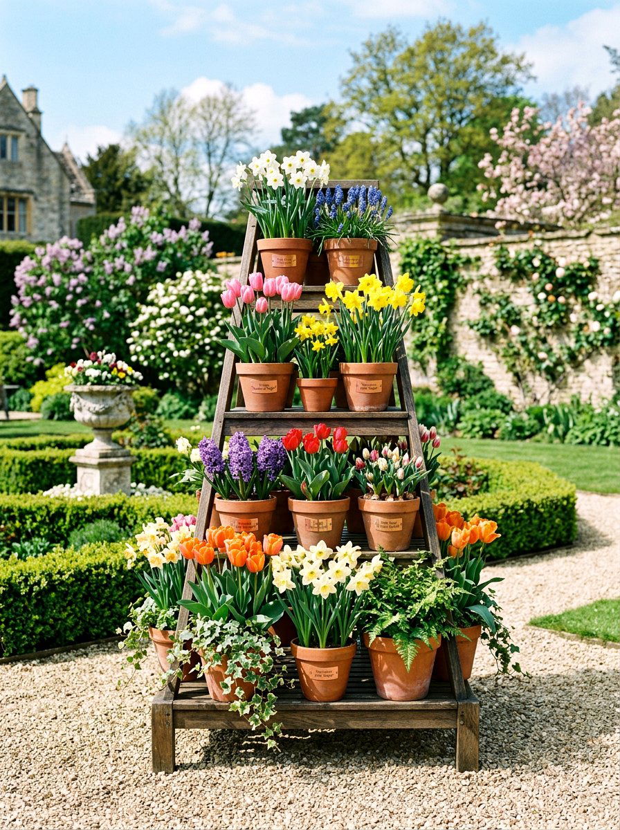 Tiered ladder flower pot stand - 25 Spring Outdoor Ladder Decor Ideas