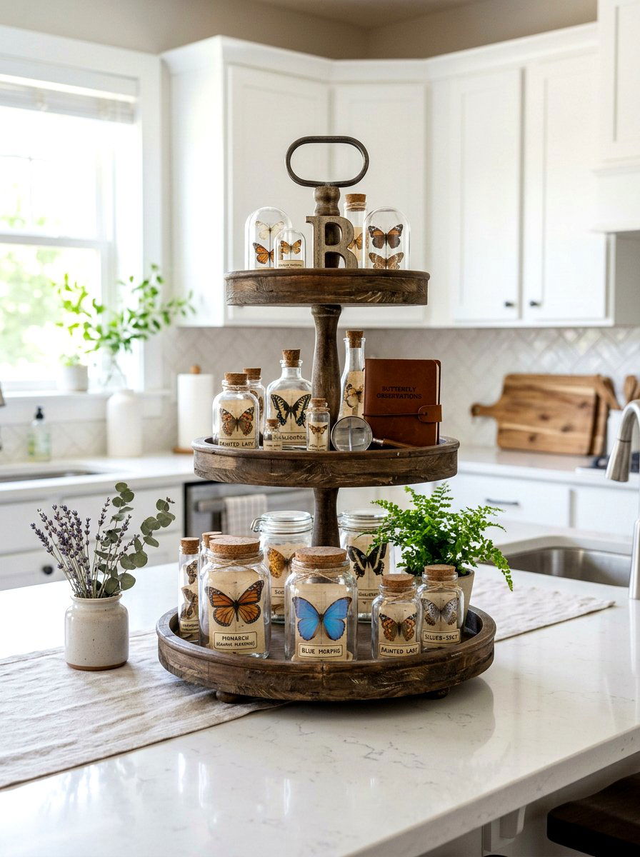 Tiered tray butterfly display - 25 Spring Butterfly Terrarium Ideas