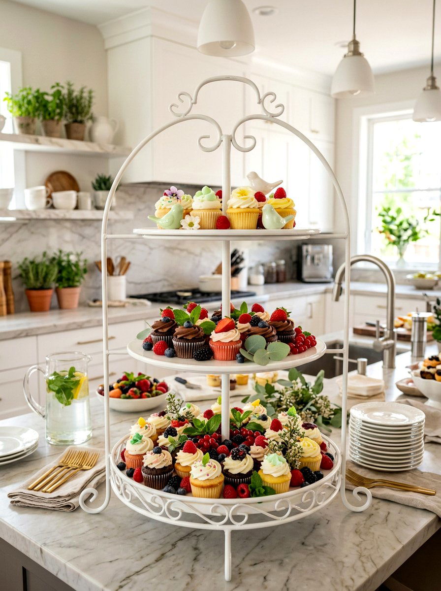 Tiered tray display - 25 Spring Buffet Table Decor Ideas