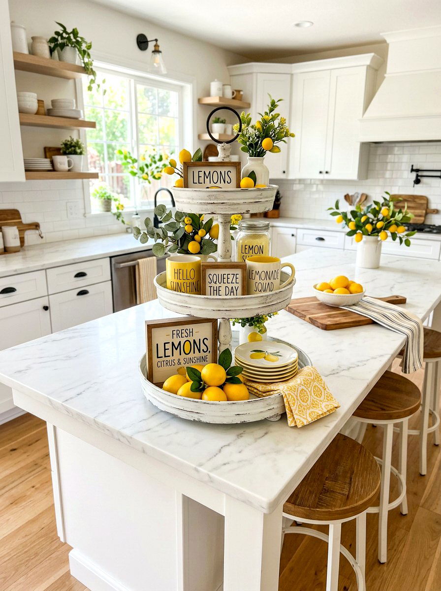 Tiered tray lemon kitchen decor - 25 Spring Lemon Centerpiece Ideas