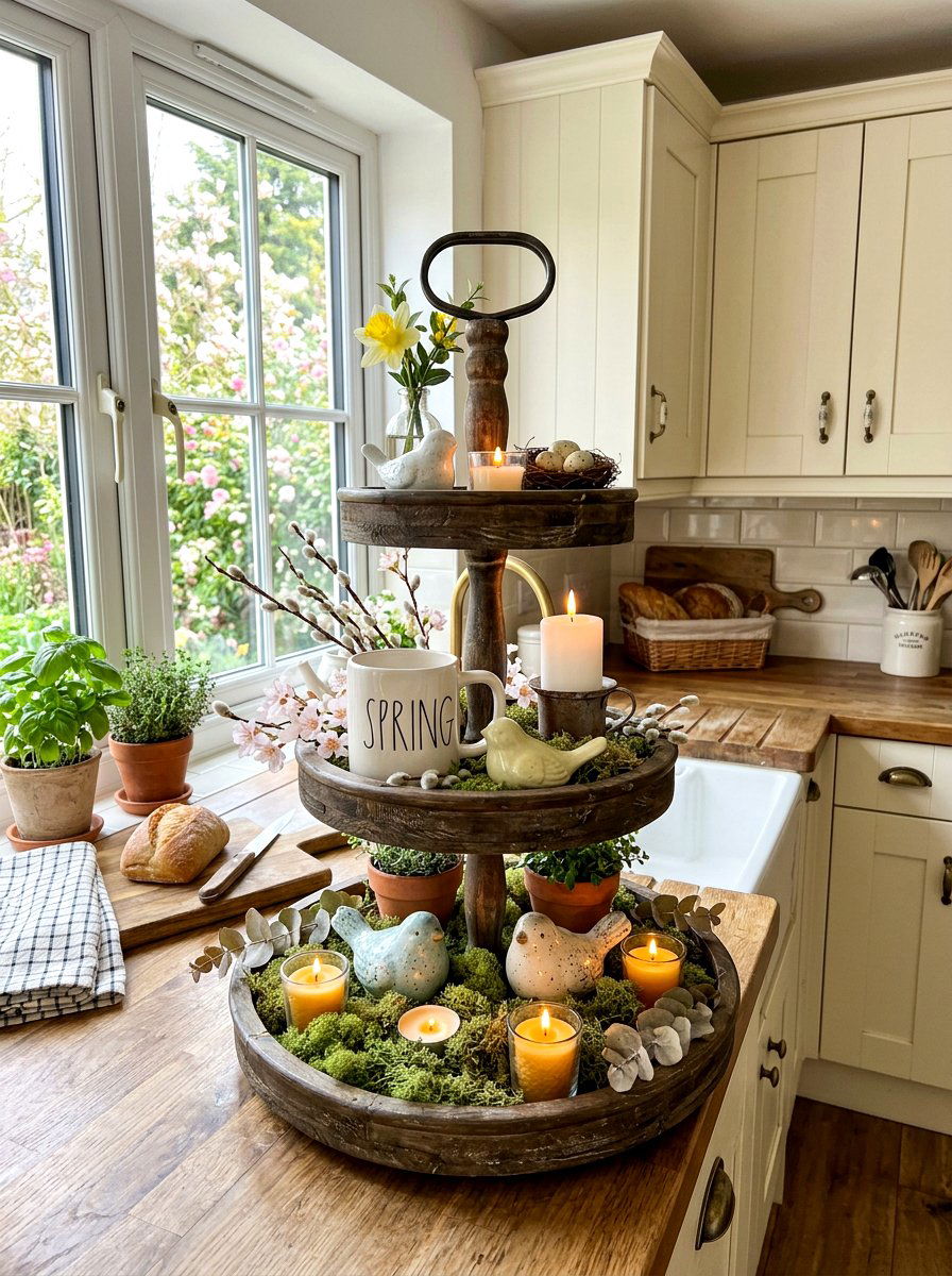 Tiered tray spring candle display - 25 Spring Pillar Candle Ideas