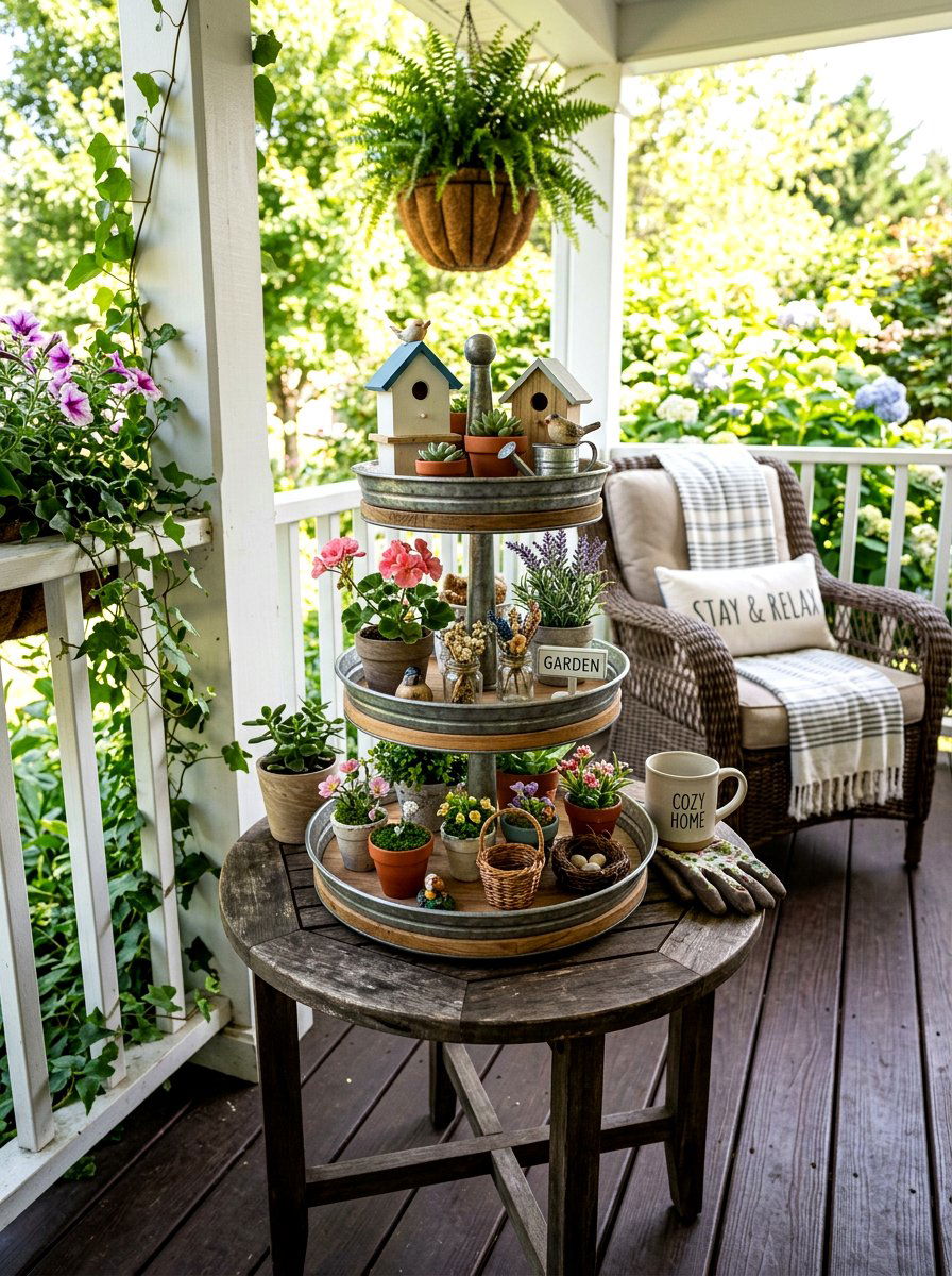 Tiered tray styling - 25 Spring Porch Table Decor Ideas