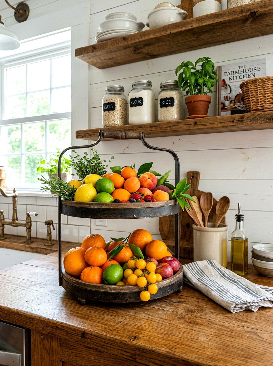 Tiered tray with seasonal fruit - 25 Spring Kitchen Shelf Decor Ideas