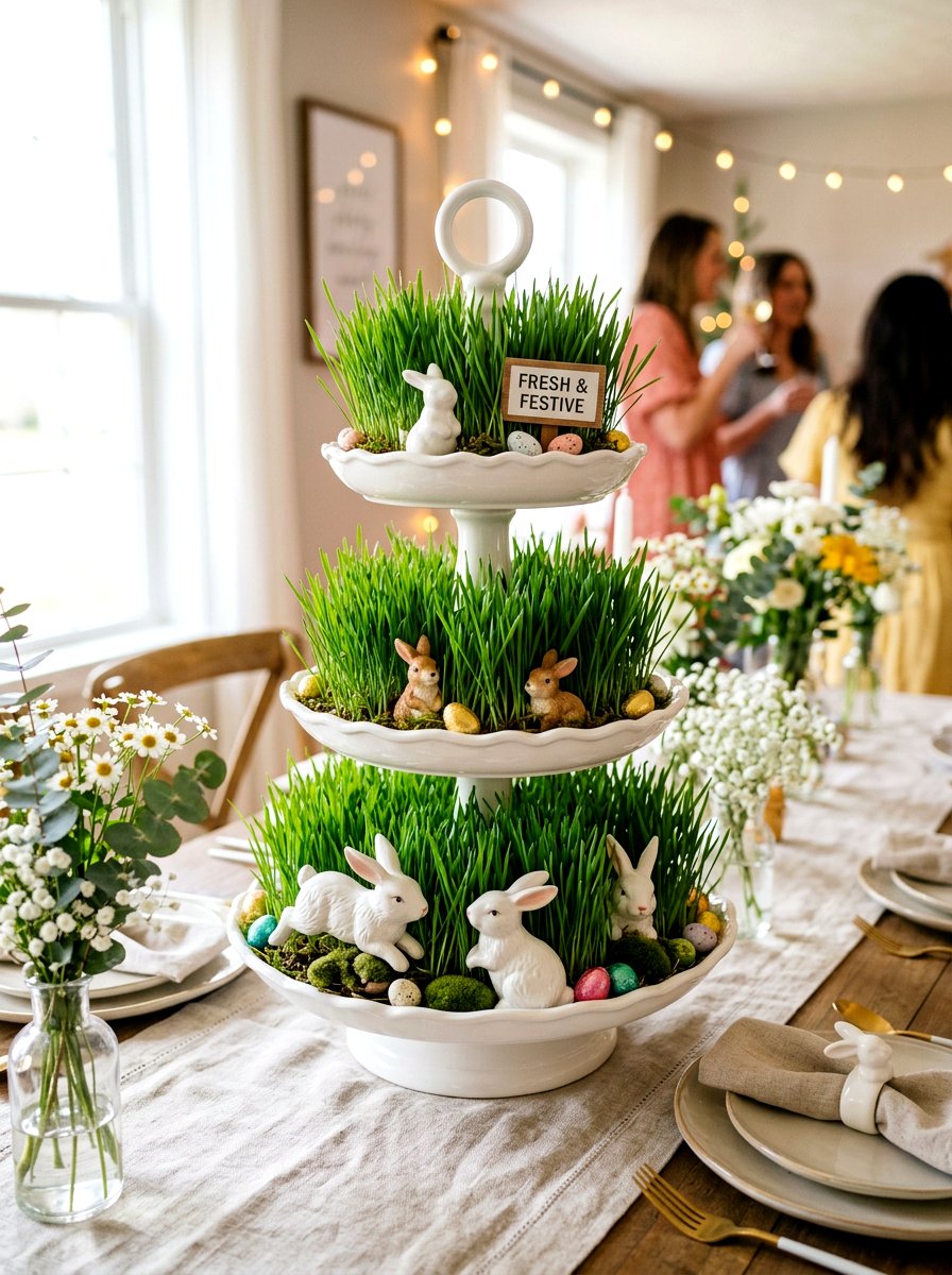Tiered wheatgrass tray display - 25 Spring Wheatgrass Centerpiece Ideas