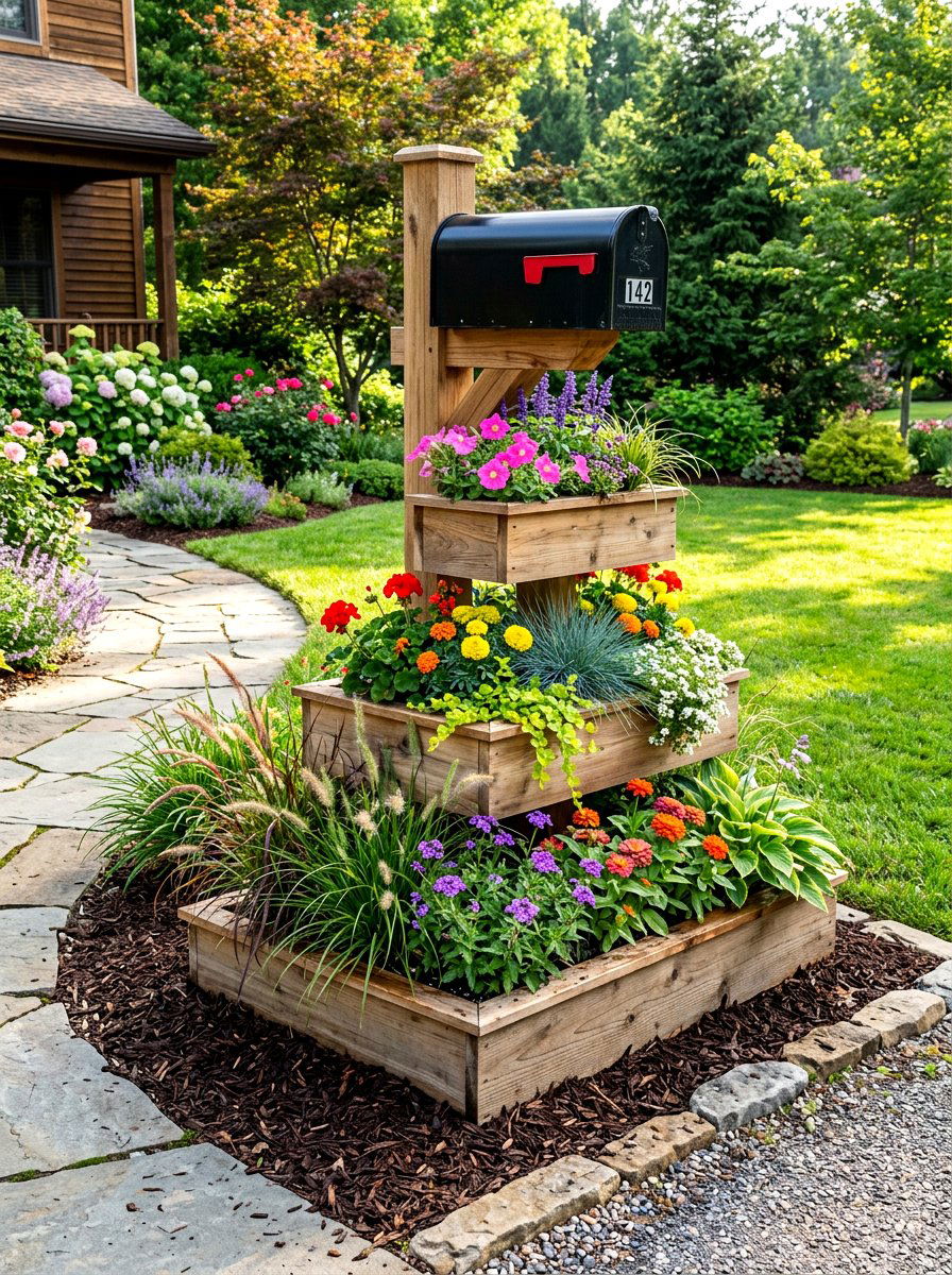 Tiered wooden mailbox planter - 25 Spring Mailbox Planter Ideas