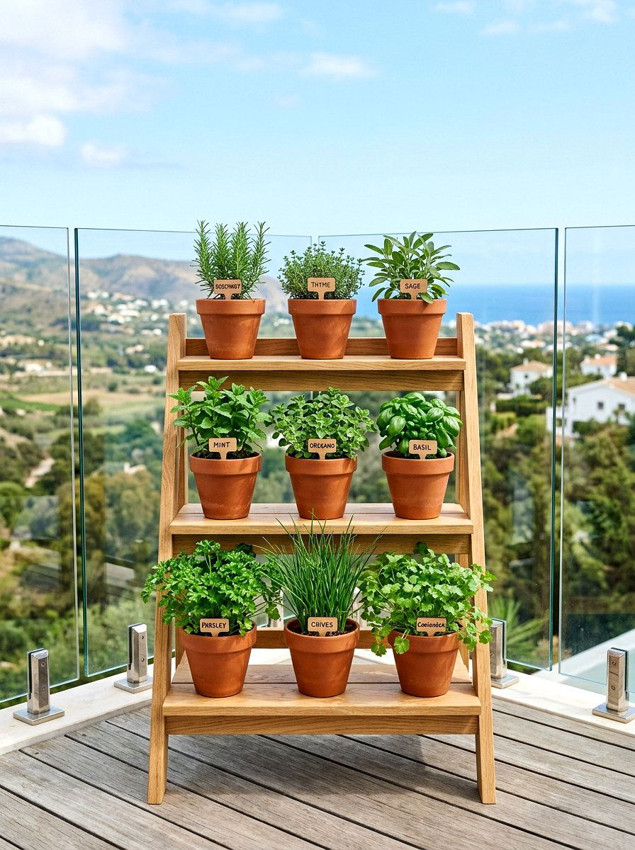 Tiered wooden plant stand - 25 Spring Balcony Herb Garden Ideas