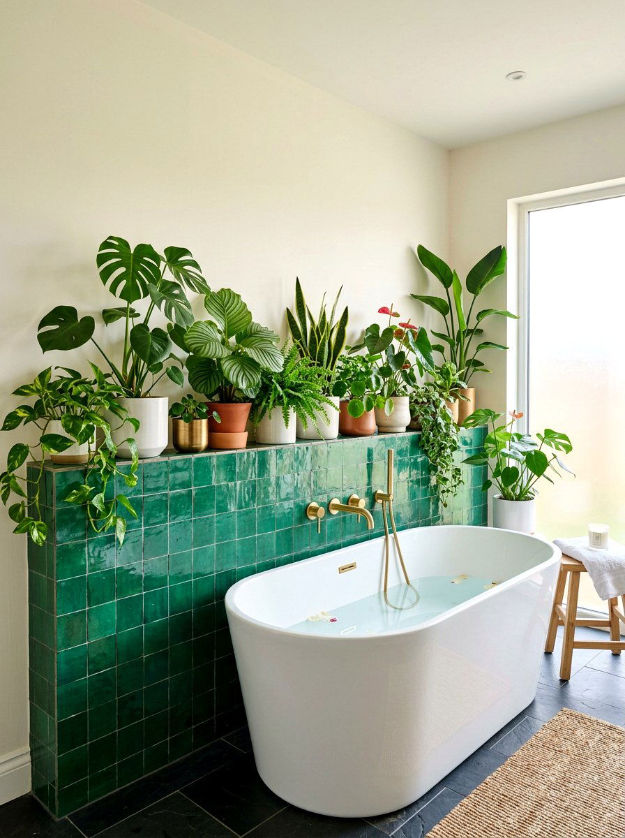 Tiled ledge plant display - 25 Spring Bathroom Plant Display Ideas
