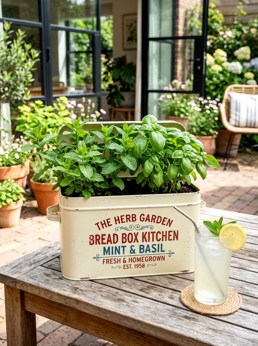 Tin Bread Box Planter - 25 Spring Vintage Planter Ideas