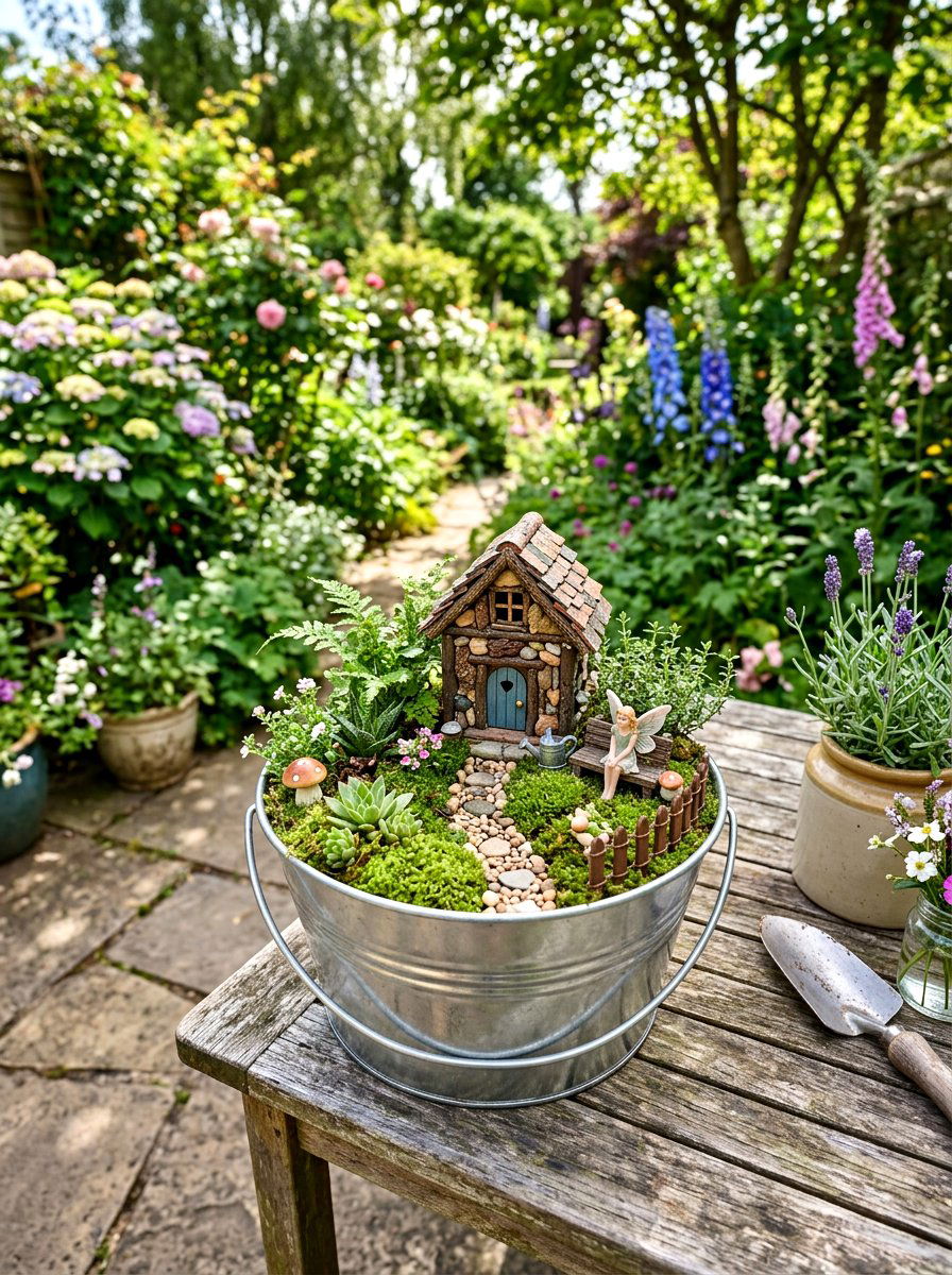 Tiny Tin Bucket Fairy Garden - 25 Spring Tin Bucket Planter Ideas
