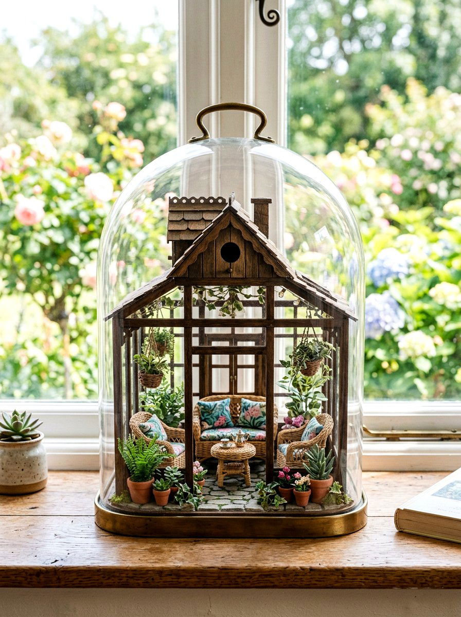 Tiny Wooden Birdhouse - 25 Spring Glass Cloche Ideas