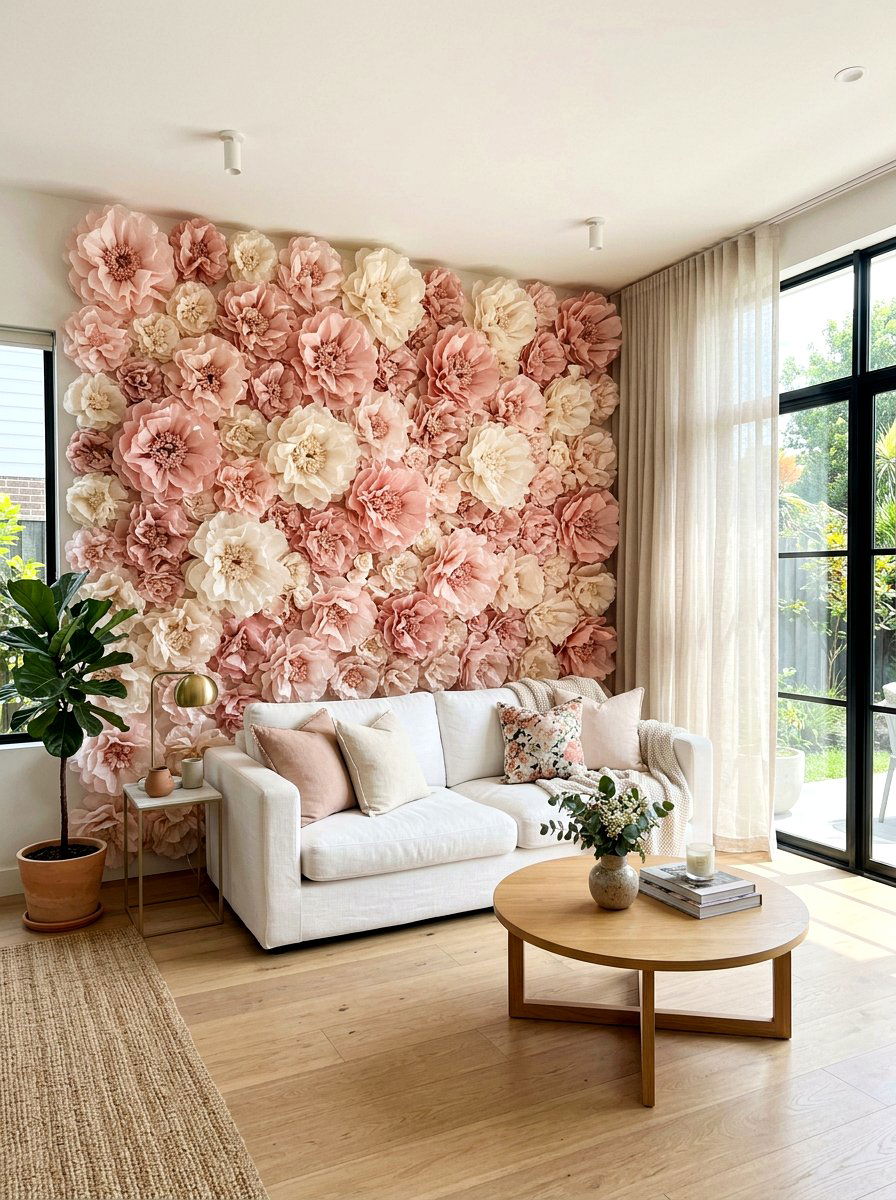 Tissue Paper Flower Wall - 25 Spring Tissue Paper Decor Ideas