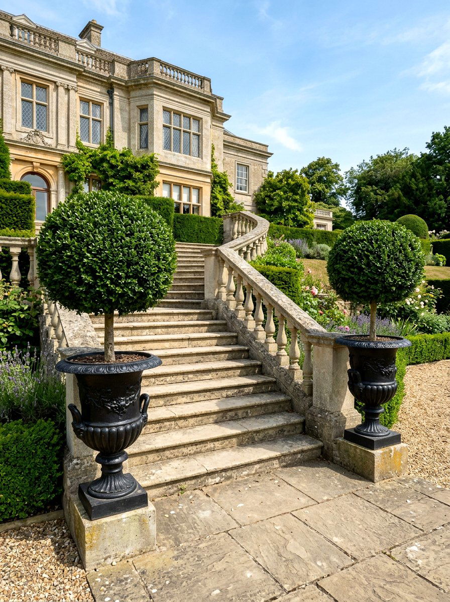 Topiary Trees On Stairs - 25 Spring Outdoor Staircase Decor Ideas