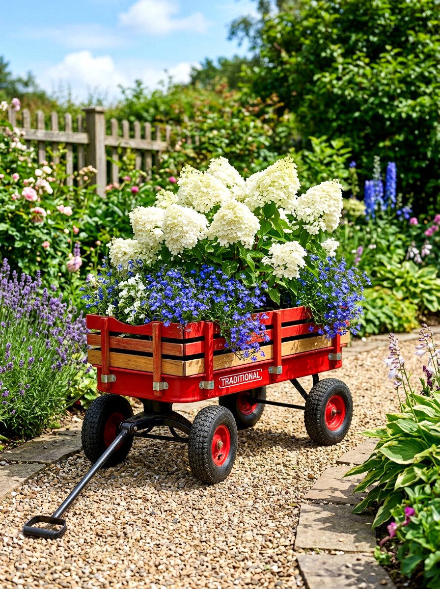 Traditional Red Garden Wagon - 25 Spring Garden Cart Display Ideas