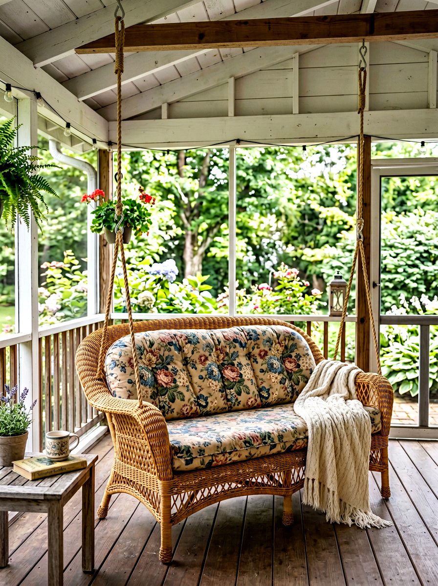 Traditional Wicker Swing Floral Prints - 25 Spring Garden Swing Decor Ideas