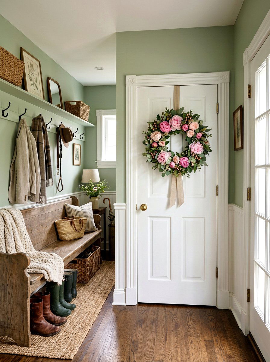 Traditional mudroom floral wreath - 25 Spring Traditional Decor Ideas