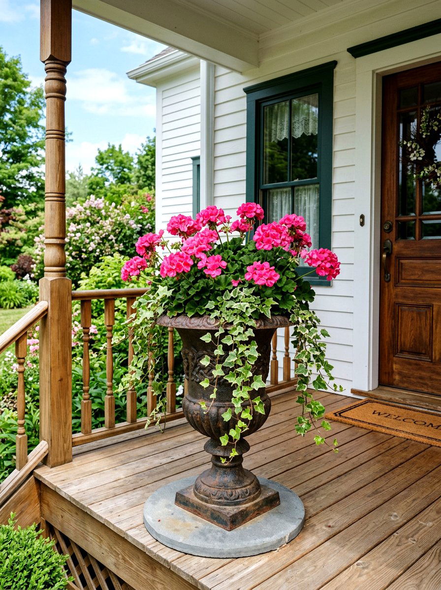 Trailing Ivy And Pink Geraniums - 25 Spring Urn Planter Ideas